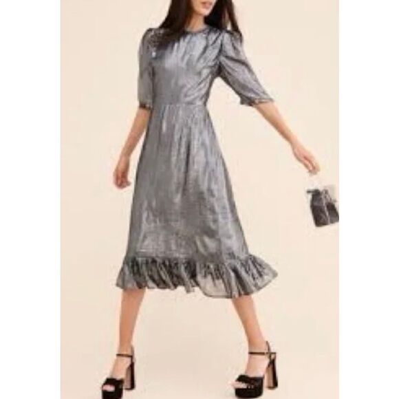NWOT Paul & Joe Sister Anthropologie Majestee Metallic Silver Ruffled Midi Dress - Picture 1 of 16